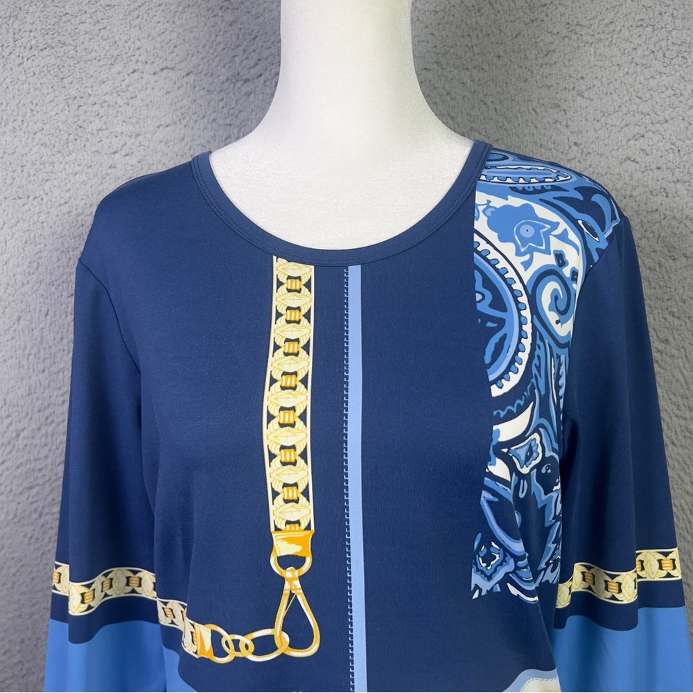 J Mclaughlin Top Womens Medium Blue Printed Catalina Cloth 3/4 Sleeve Preppy - Picture 2 of 6